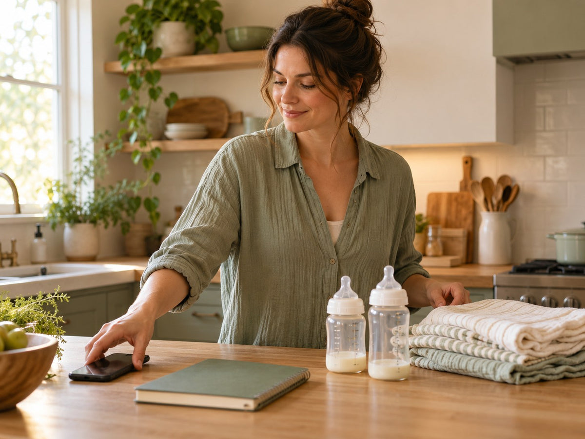 Parent following a familiar baby bottle routine at a warm kitchen counter.