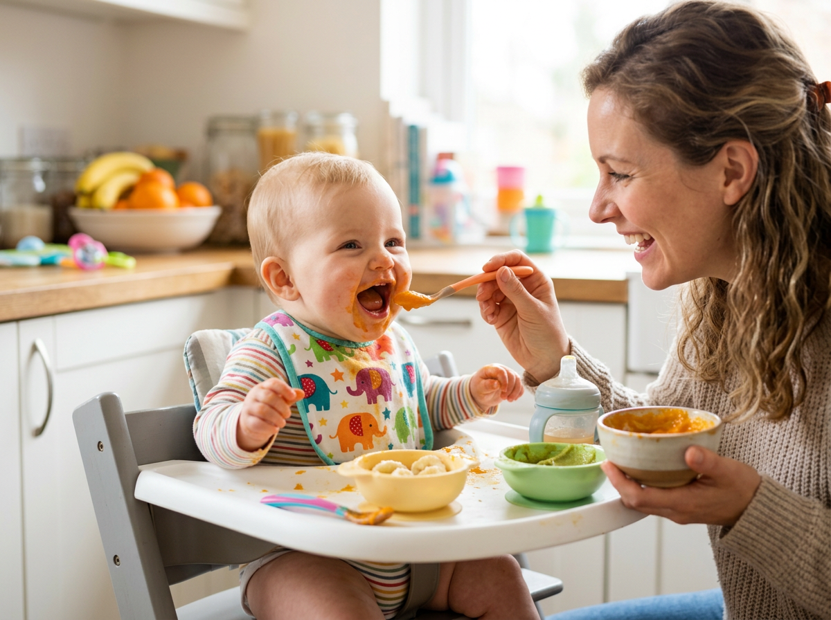 Bambino caucasico di 7-8 mesi che mangia felicemente dal cucchiaio