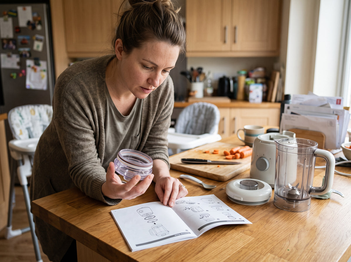Parent checking why a baby food maker lid will not lock