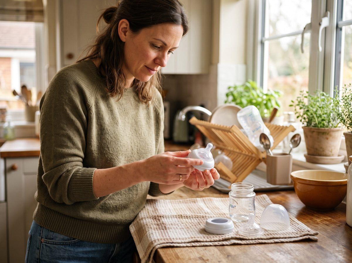 Parent inspecting a baby bottle collar and removable parts at home.